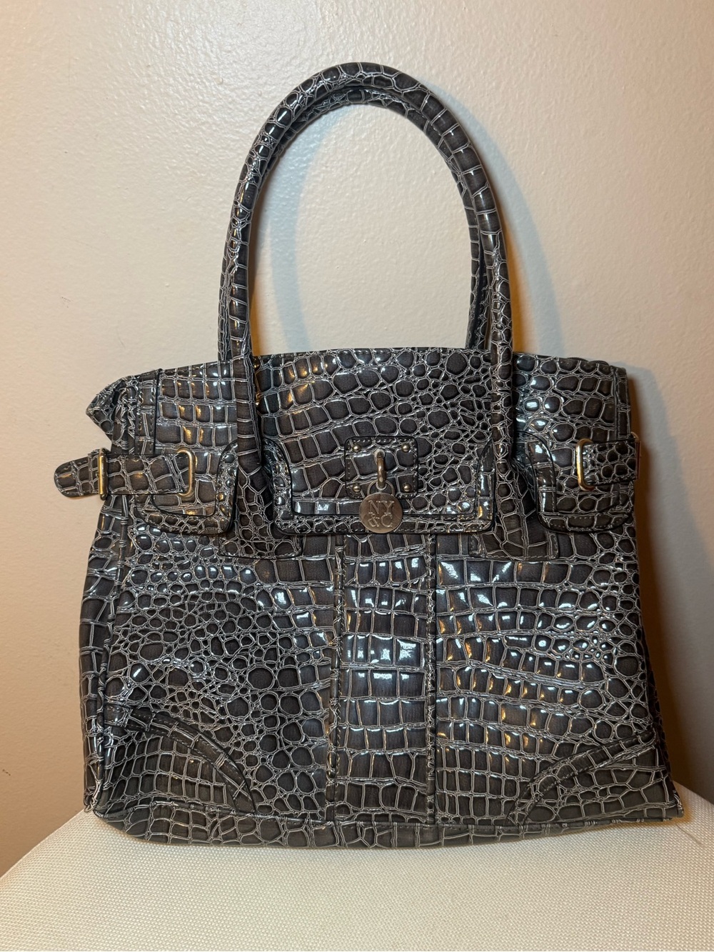 New York & Company Glossy Grey Alligator Tote - So Chic & Structured